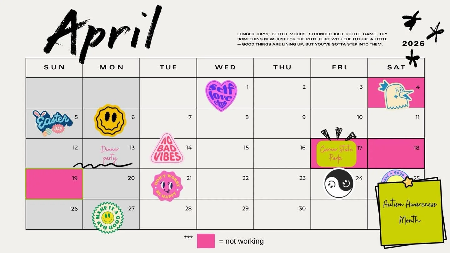 April Calendar! So much to celebrate: 

National Autism Awareness &amp; Acceptance Month 
National Occupational Therapy Month 

I&rsquo;m heading to Garner State Park to camp with friends mid month! 

Spring 🌹🌸🌺🌷🌼🌿🍃

What are you looking forwa