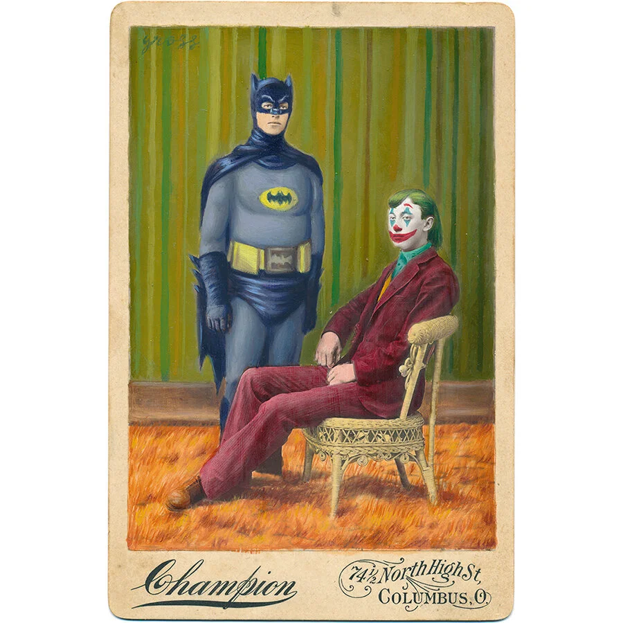 Adam West Batman and Joaquin Phoenix Joker Original Cabinet Card Painting