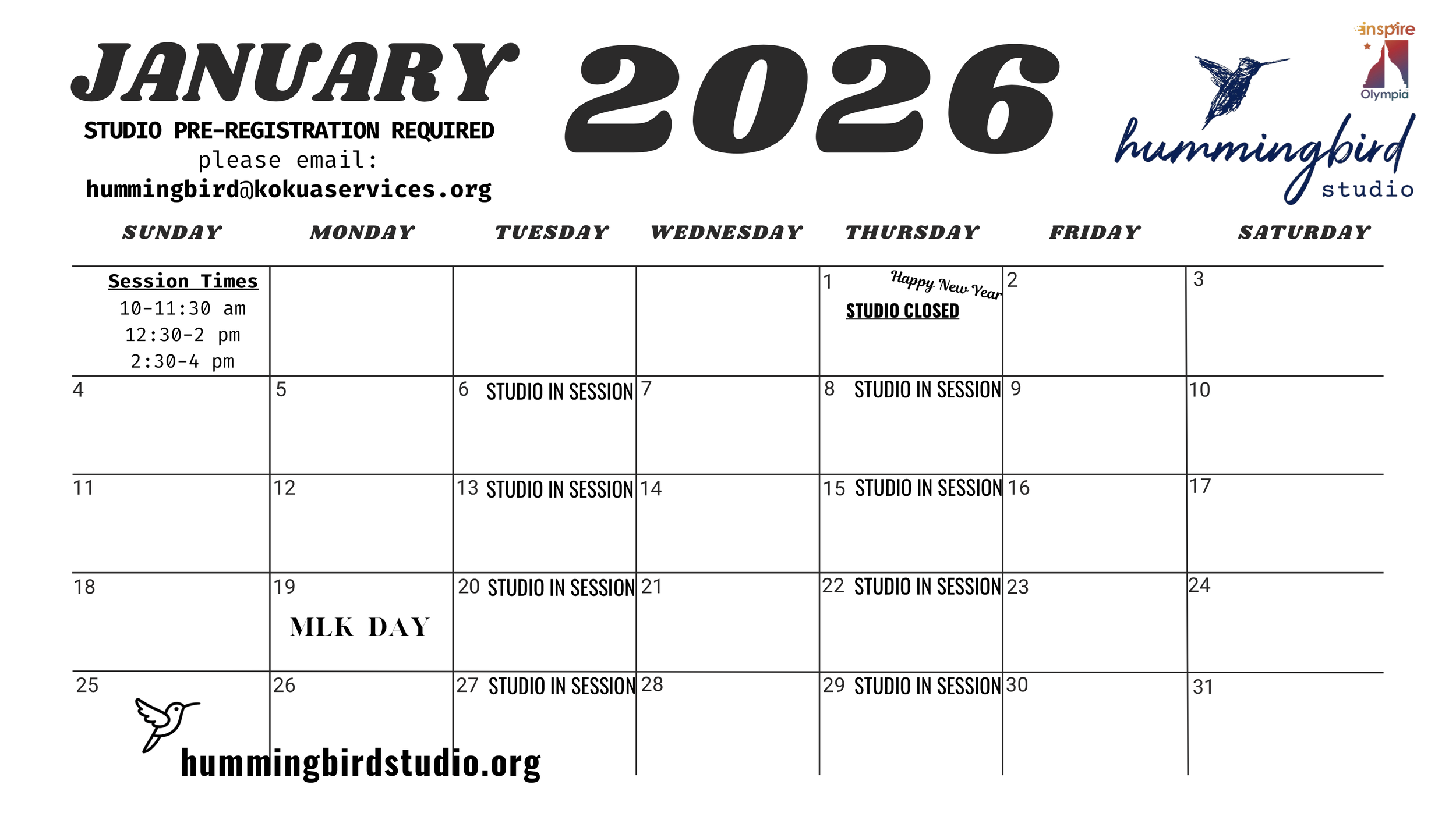 January 2026 Calendar: we are in session every Tuesday and Thursday in January.