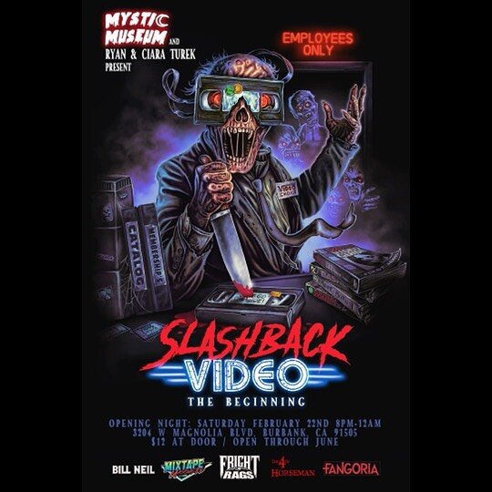 So stoked ! Our next exhibit.. SLASHBACK VIDEO : THE BEGINNING. Can&rsquo;t wait for you to see what we have planned this time ! Teamed up with our buds @ryturek &amp; @_dellamorte_dellamore to bring you another epic 80s horror experience. Big thanks