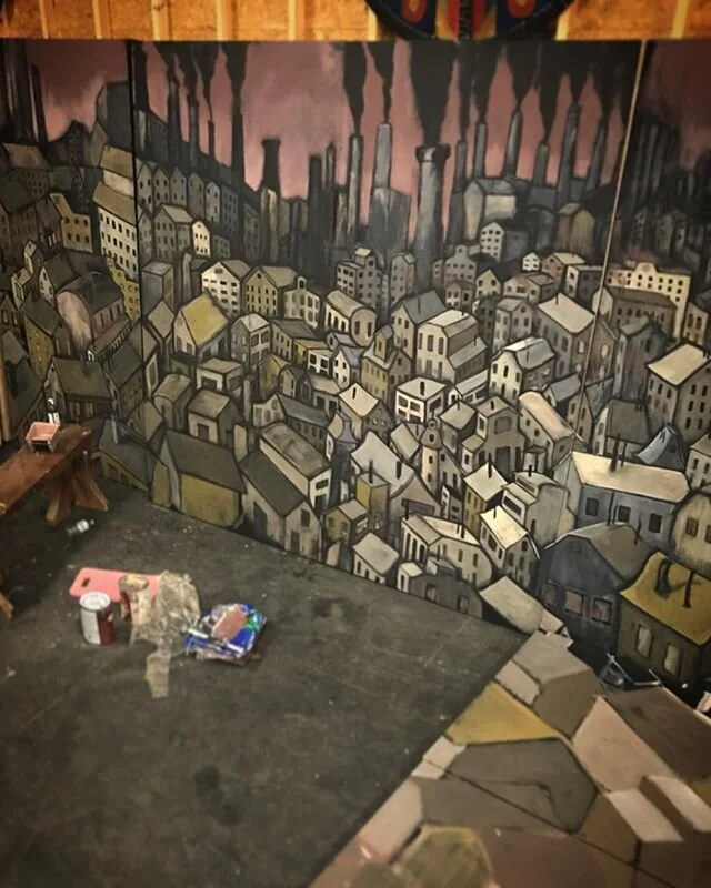 &ldquo;Sweeney Todd&rdquo; scenic design, November 2018. More Lawrence, Massachusetts inspiration for an industrial landscape of a backdrop. #sweeneytodd #scenicart #scenicdesign #paintedbackdrop #sweeneytoddbackdrop #industriallandscape #industriali