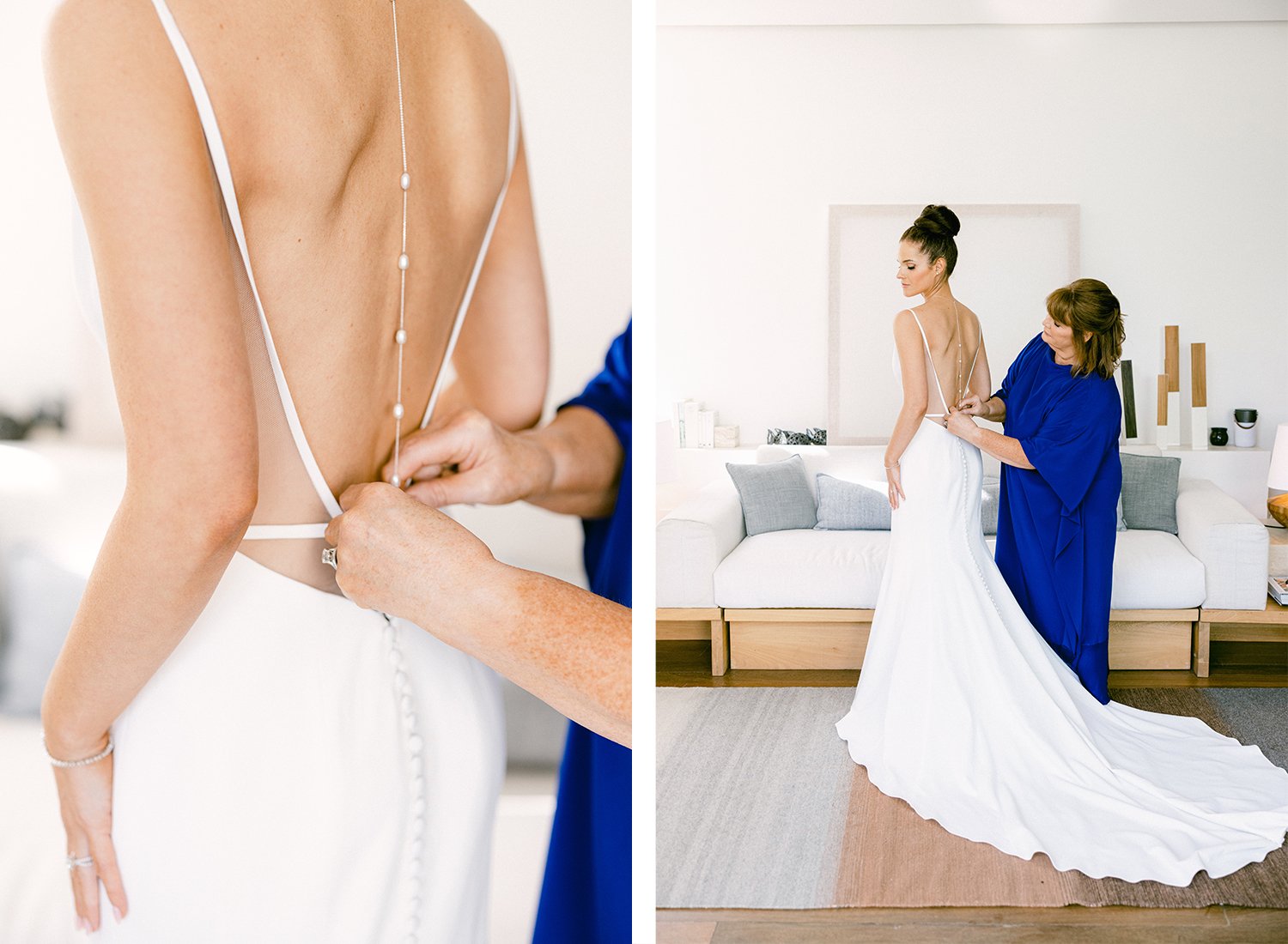 08 beautiful detail photography of bride getting ready with her mother helping her to put on her white wedding dress at Rosewood Mayakoba Riviera Maya Cancun.JPG