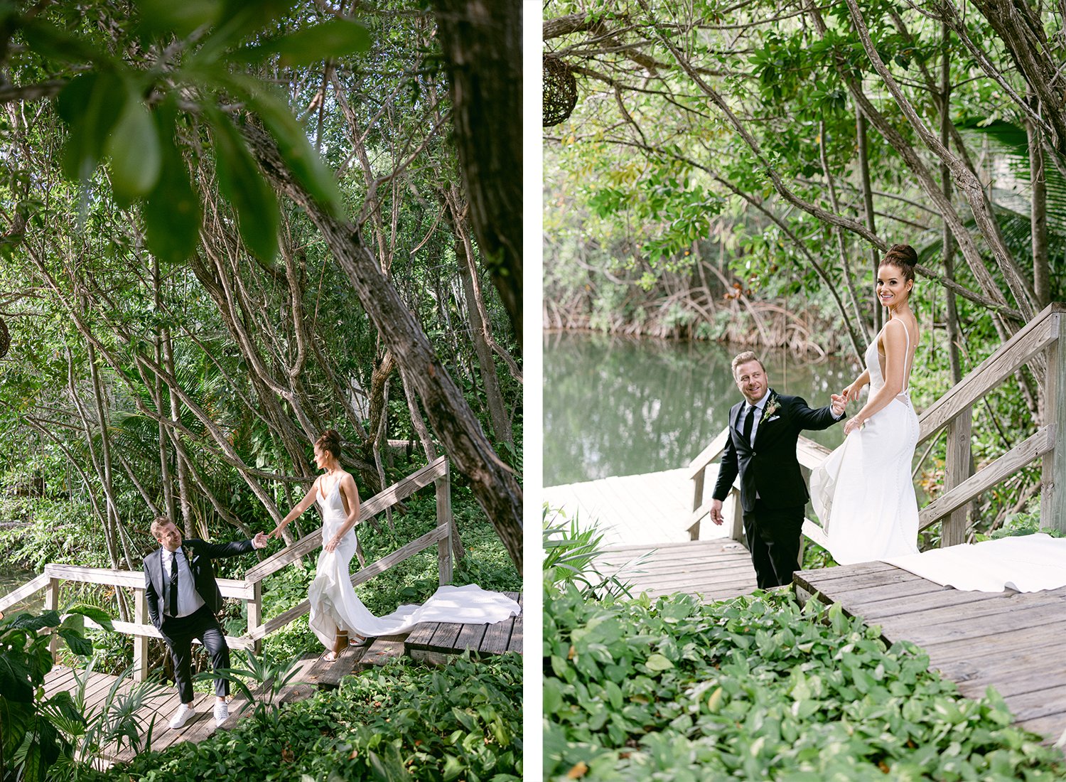 17 bride and groom cute couple surrounded by tropical plants going down the stairs to go to the dock at Rosewood Mayakoba Riviera Maya Cancun.JPG