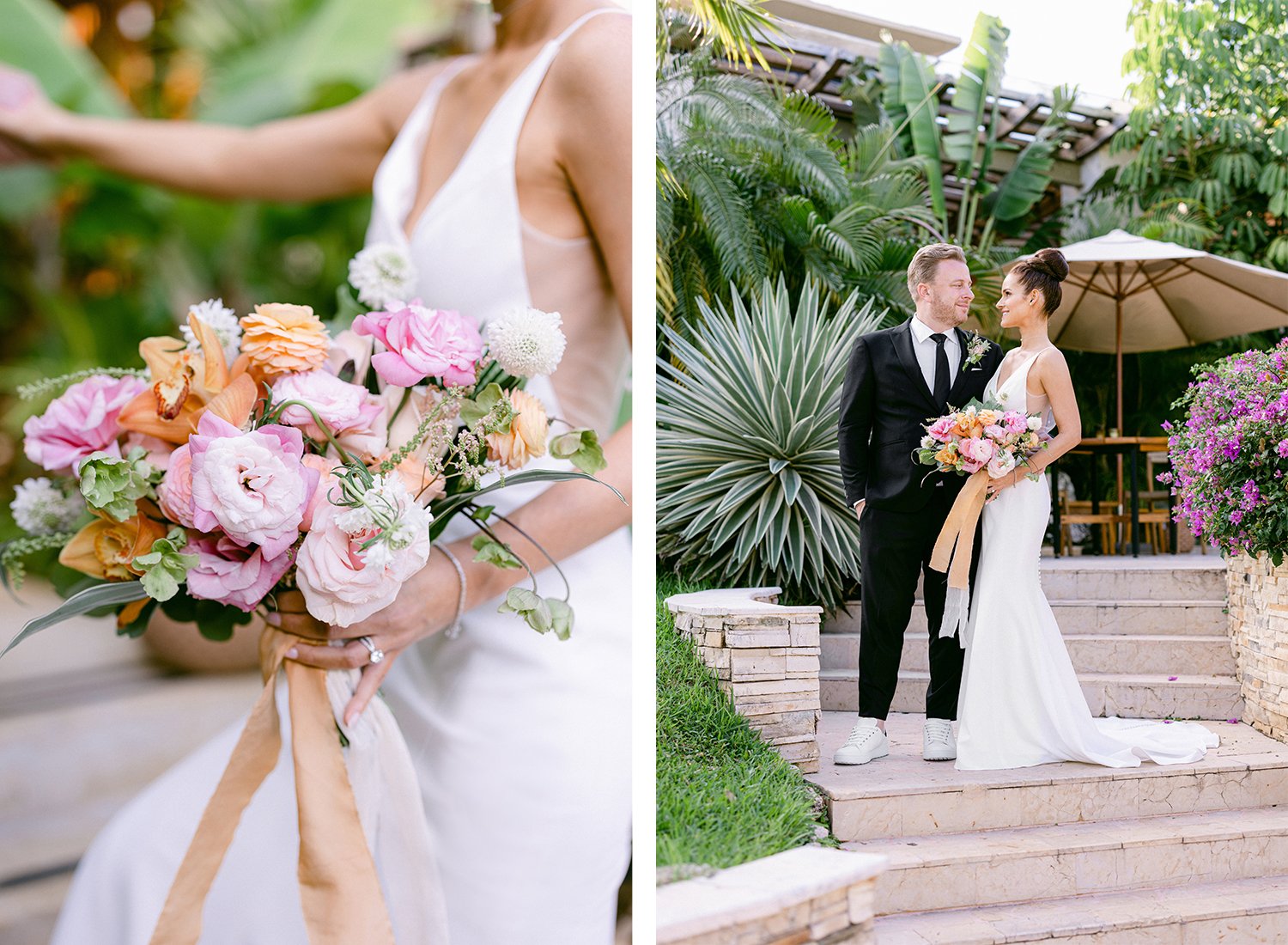 22 cute flower design for bride's bouquet, bride and groom smiling standing in stairs with green tropical plants behind at Rosewood Mayakoba Riviera Maya Cancun.JPG