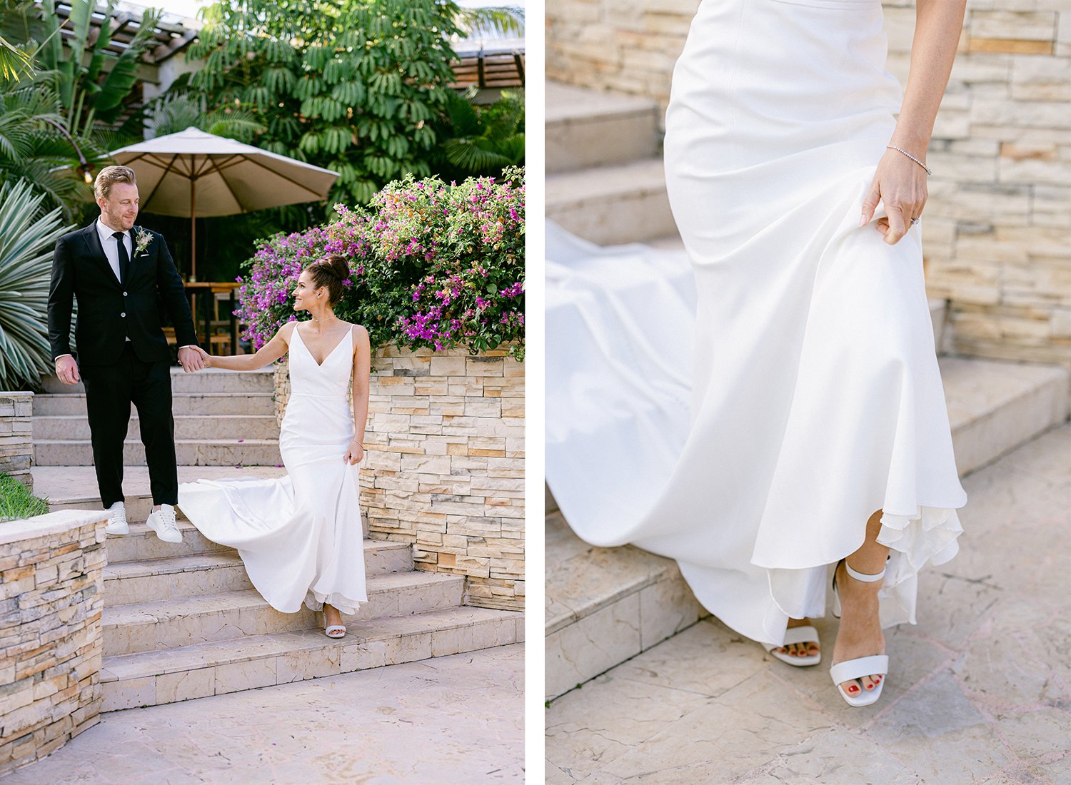 23 cute bride and groom ready for their wedding ceremony going down the stairs and detail photo of bride's shoes and her white wedding dress at Rosewood Mayakoba Riviera Maya Cancun.JPG