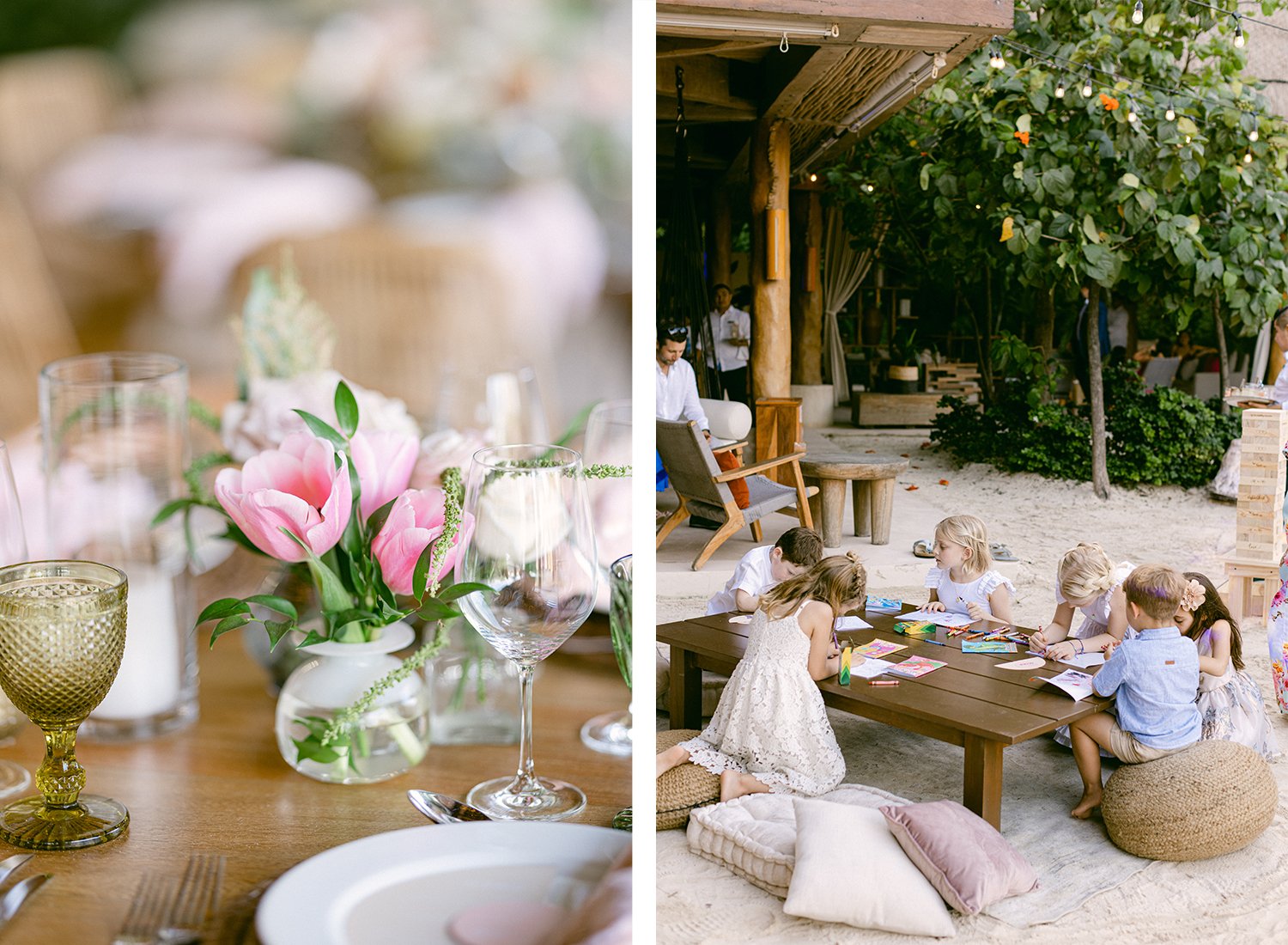 41 cute pink flowers on pots set on the tables for the wedding reception and a cute table for kids entertainment on the sand at Rosewood Mayakoba Riviera Maya Cancun Mexico.jpg