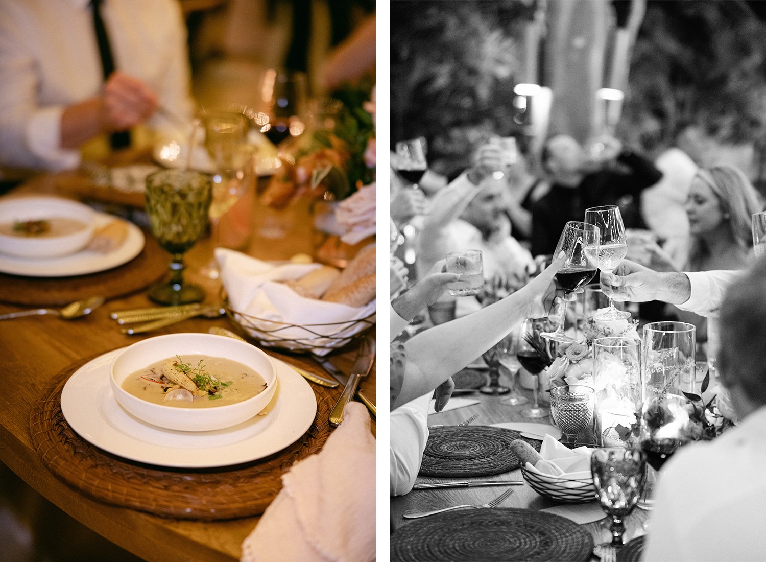 48 nice wedding dinner dishes and cups with wedding guests toasting the champagne at Rosewood Mayakoba Riviera Maya Cancun.JPG