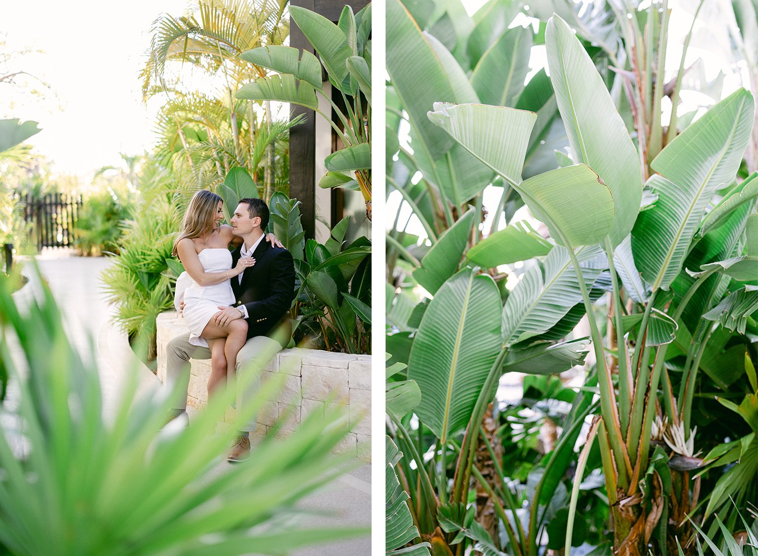 05 sneaking camera capturing groom with bride in white dress sitting on his lap alone smiling and looking at each other with green tropical palm trees and nature behind at Dreams Riviera Cancun.JPG