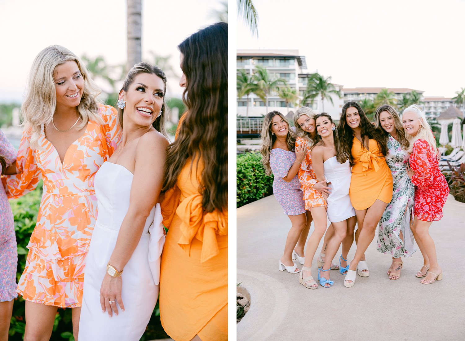 12 cute smiling bride in white dress with beautiful earrings walking with her friends and posing in colorful dresses at Dreams Riviera Cancun.JPG