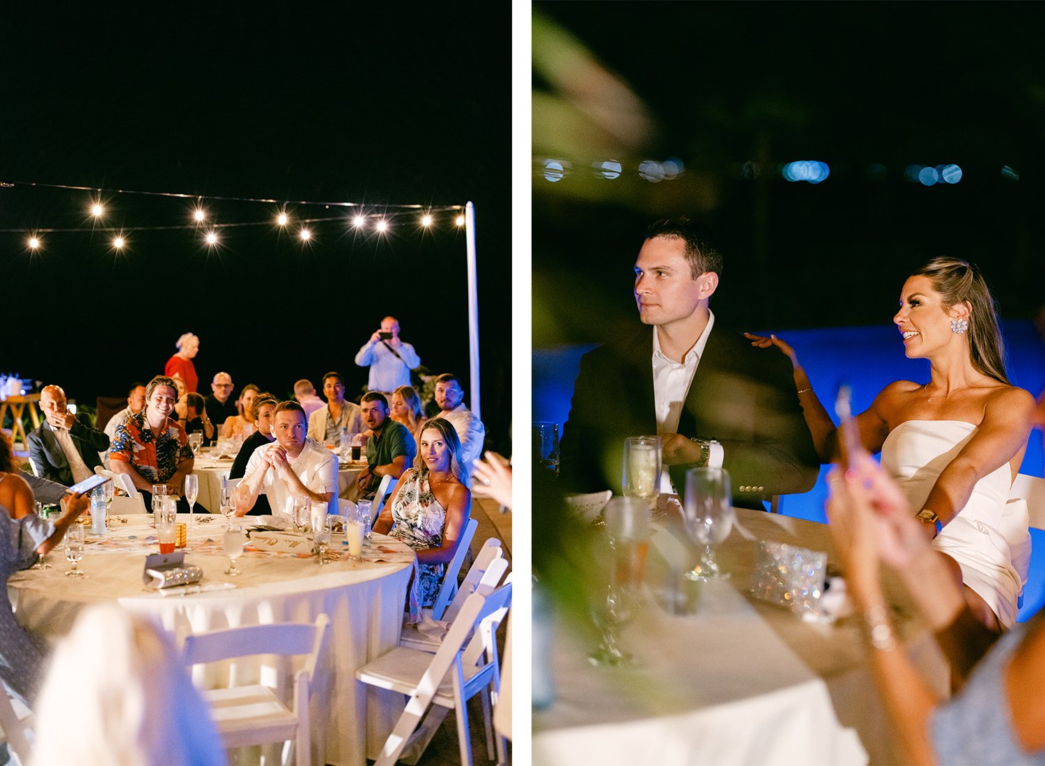 14 Guests at the rehearsal dinner sitting at the tables with bride and groom happily listening to honor speeches in the night at Dreams Riviera Cancun.JPG