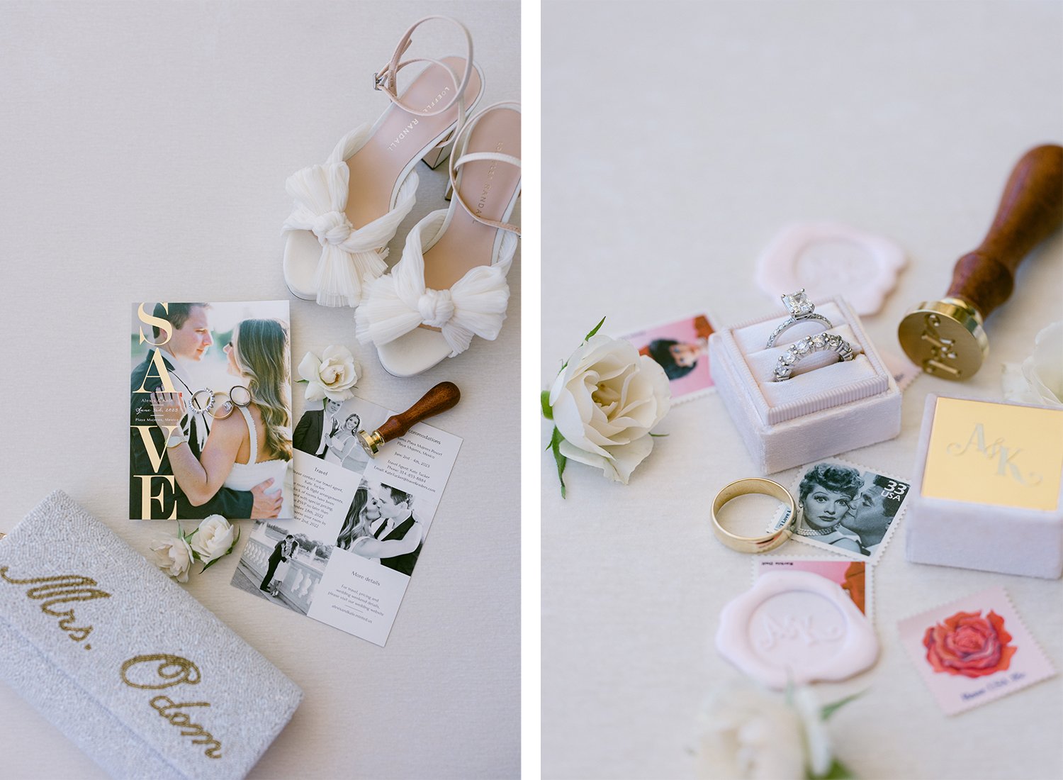 18 detail flatlay photography of bride's accesories for the wedding, postage stamps, wedding rings and candle stamps, shoes, invitation and personalized purse at Dreams Riviera Cancun.JPG