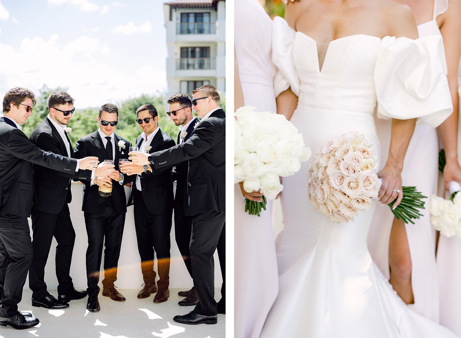 22 good looking groom with his groomsmen happily toasting with bourbon whisky and close up detail photo of bride in white wedding dress holding her bouquet of flowers and showing her engagement ring next to her bridesmaids at Dreams Riviera Cancun.JPG