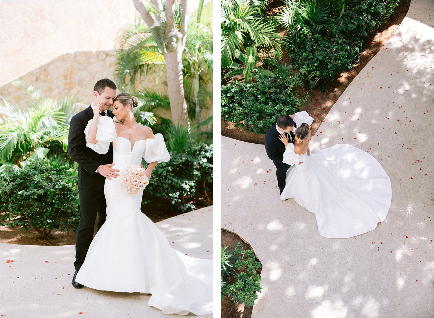 24 bride and groom after their first look standing and holding each other and upper view of bride with her white wedding dress extended at Dreams Riviera Cancun.JPG