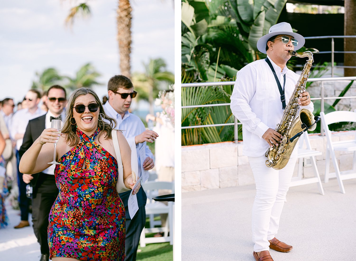 36 happy wedding guest receiving a drink after ceremony walking directly to the cocktail hour and a saxophonist invited to play at Dreams Riviera Cancun.JPG