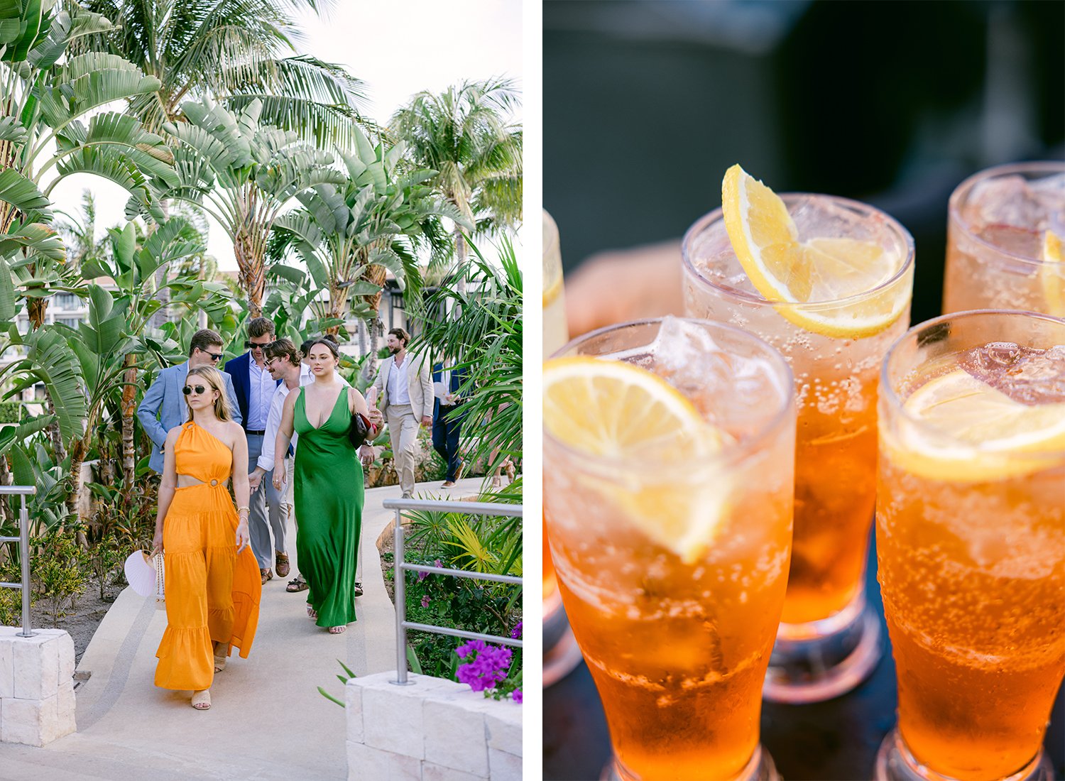 37 nice looking wedding guests walking to the cocktail hour with fancy colorful dresses and green palm trees behind and orange signature cocktail aperol spritz at the wedding cocktail hour at Dreams Riviera Cancun at Dreams Riviera Cancun Mexico.JPG