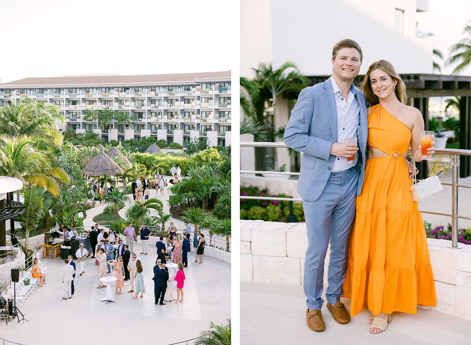 38 wonderful view of wedding guests gathering around at wedding cocktail hour over a terrace with palm trees behind and lovely wedding guests couple wearing fine clothes and nice orange dress smiling and drinking cocktails at Dreams Riviera Cancun.JPG