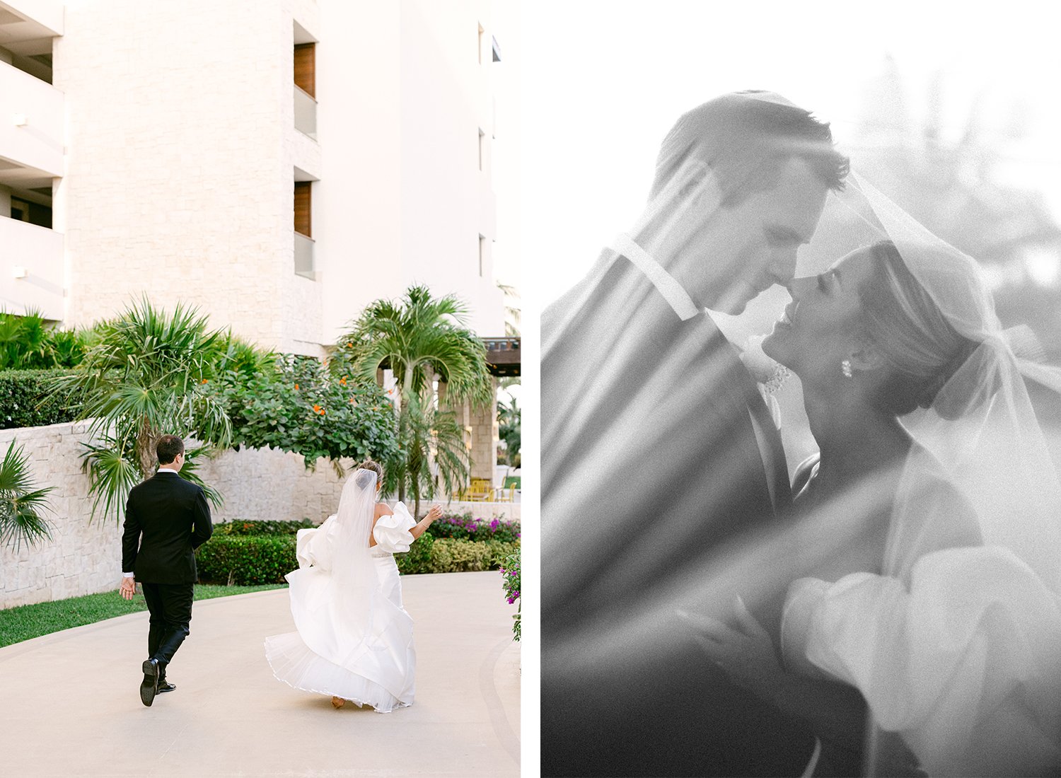 44 cute bride and groom running to their beach session after wedding ceremony and lovely photo of bride and groom looking at each other and smiling under the veil at the beach at Dreams Riviera Cancun.JPG
