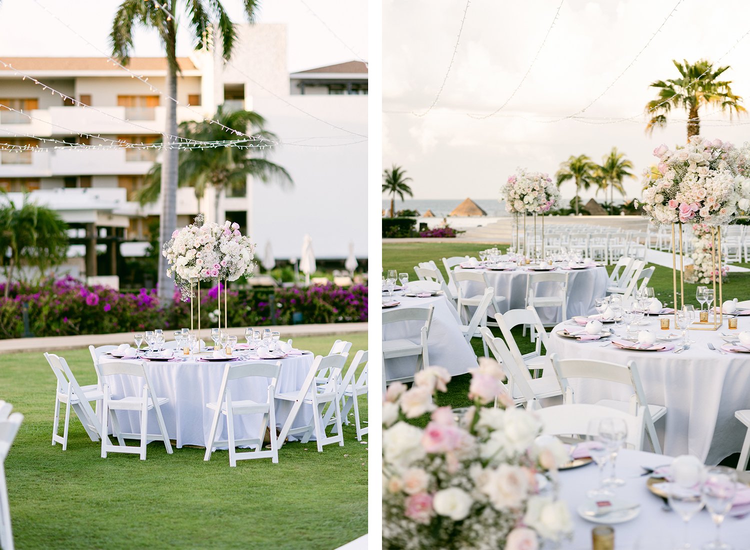 45 cute wedding reception decoration table set up with roses and maracas all over green grass at Dreams Riviera Cancun.JPG