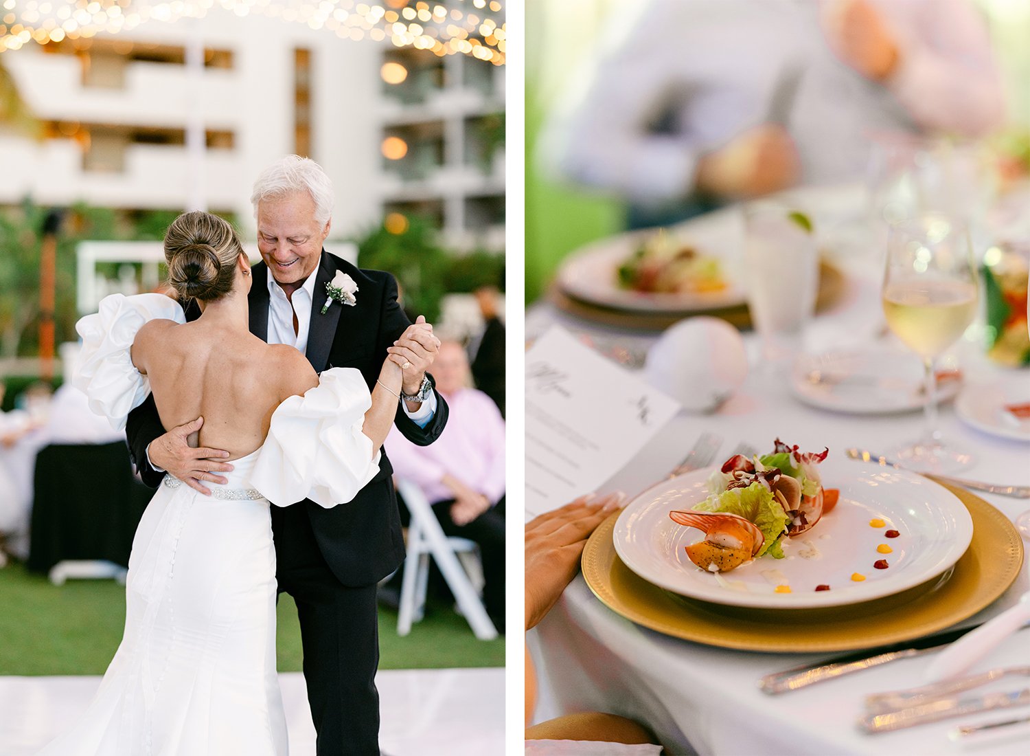 54 cute bride in white wedding dress dancing with her father on her first dance and close up of gourmet dish at wedding reception at Dreams Riviera Cancun.JPG