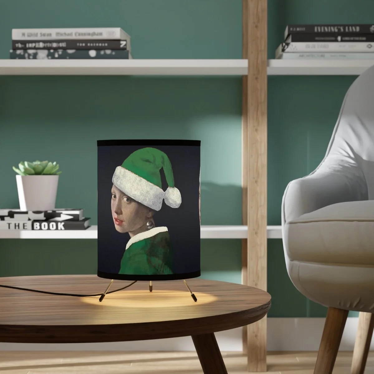 "Elf with a Pearl Earring" Tripod Lamp with High-Res Printed Shade
