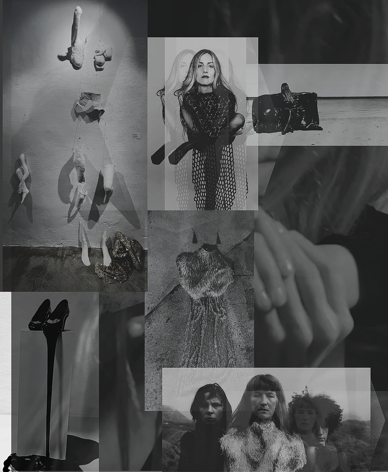 Display of three textured clothing or accessory pieces on a white wall, with a black-and-white photograph of two women embracing on a TV screen below, in an art gallery setting.
