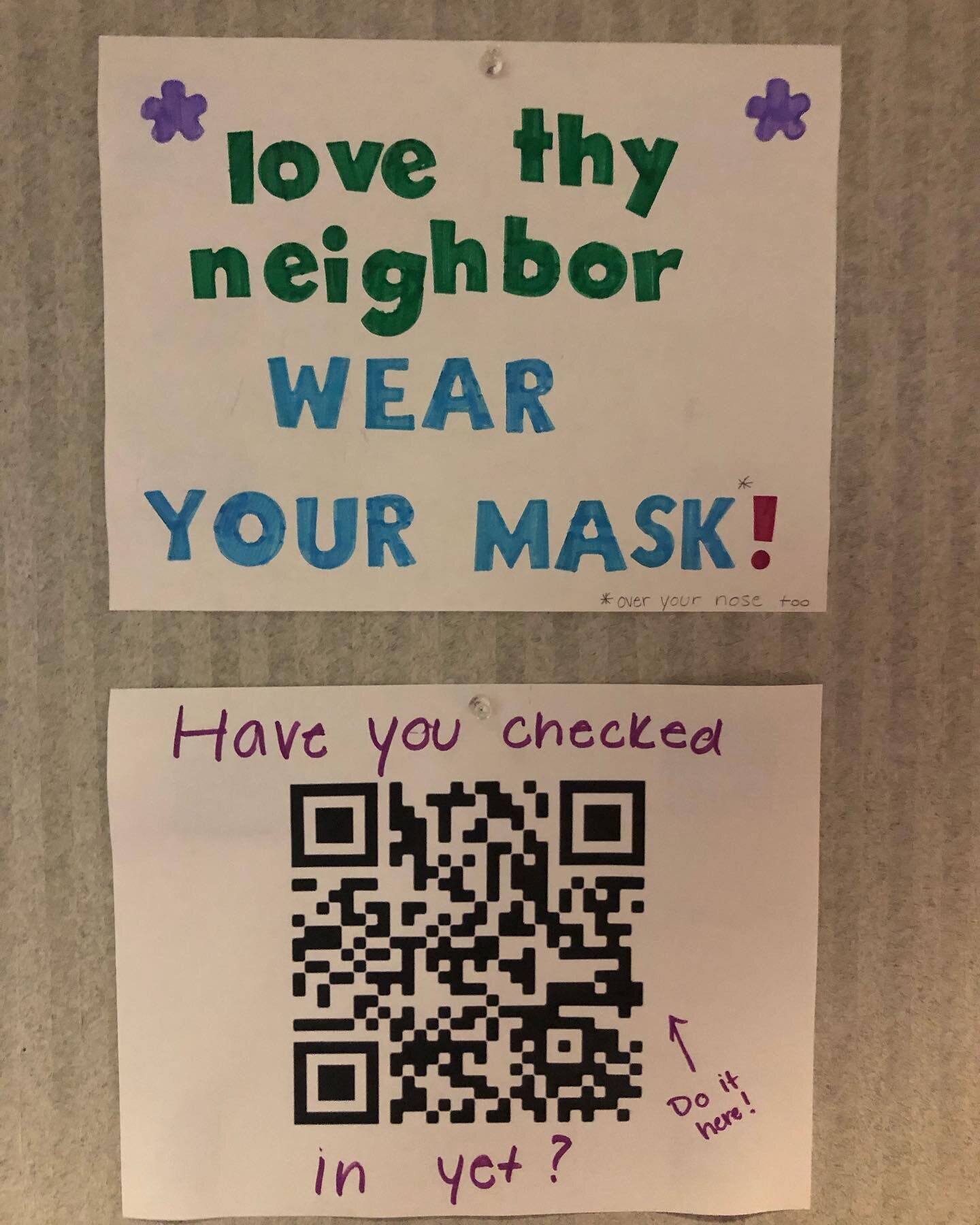 Headed to the DC? You&rsquo;ll see some new signs up! When you walk in, make sure to scan the QR code on the wall and sign in for attendance (starting tonight at daily Mass). 
&bull;
What do these signs mean? They are reminders as to the precautions 