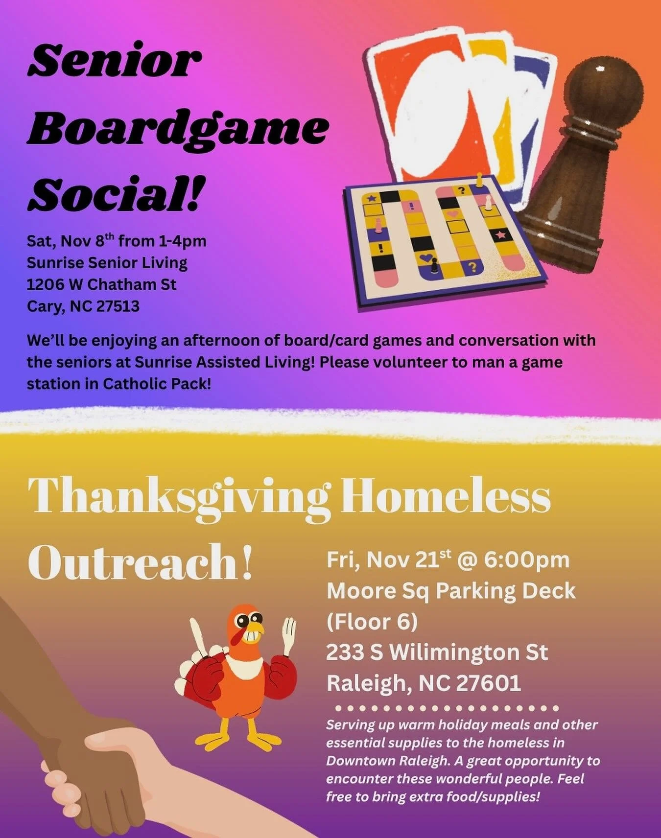 November 8th: The residents at Sunrise Senior Living in Cary have invited us for a board & card game afternoon social! We’ll have different “stations” of games to play, and it’d be great if we could have volunteers to man