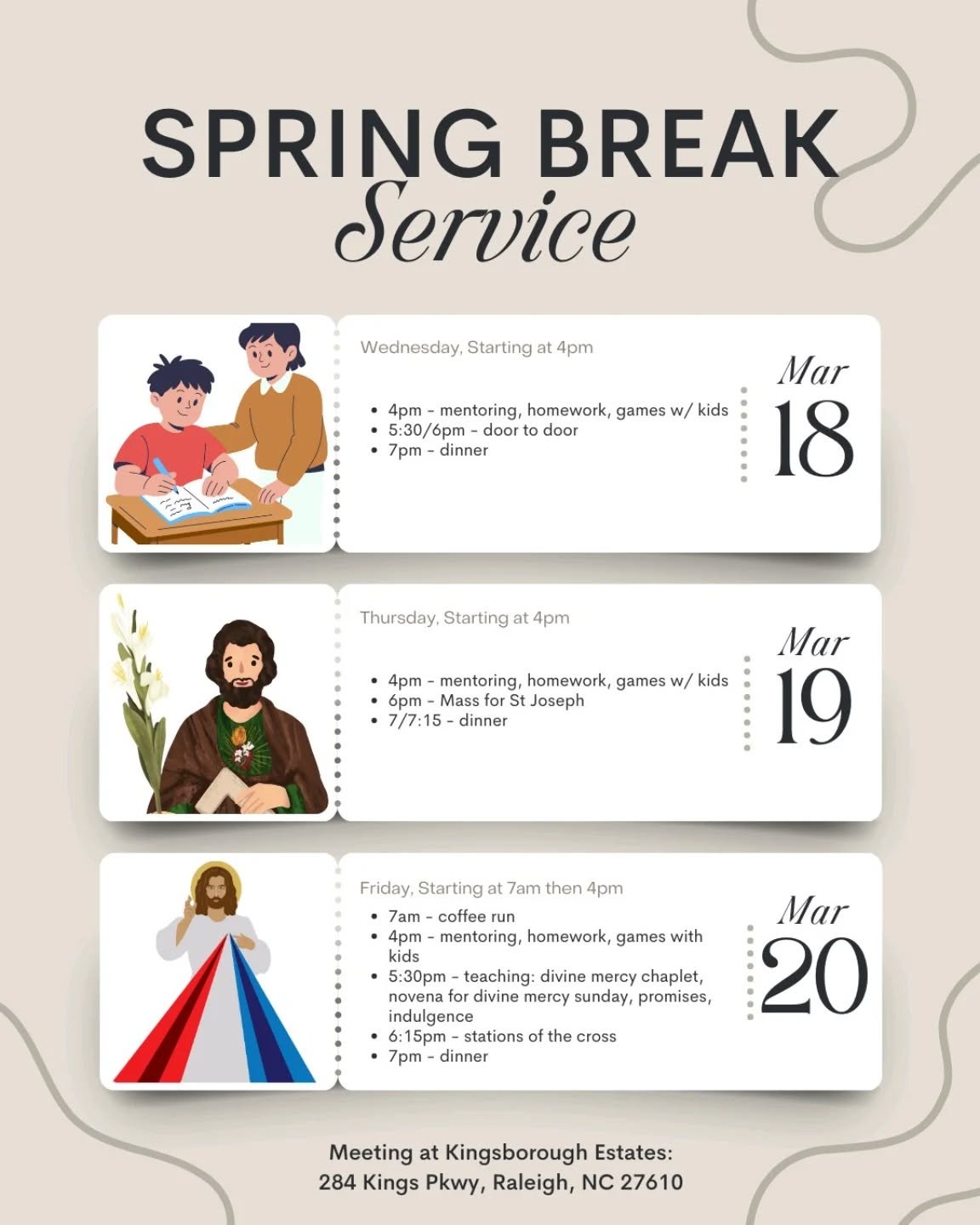 🚨 During Spring Break, we are hosting a Mission Trip here in Raleigh to serve the Kingsborough Estates community through service and prayer. Lent is a special time for almsgiving, and this is a perfect opportunity to live that out while helping othe