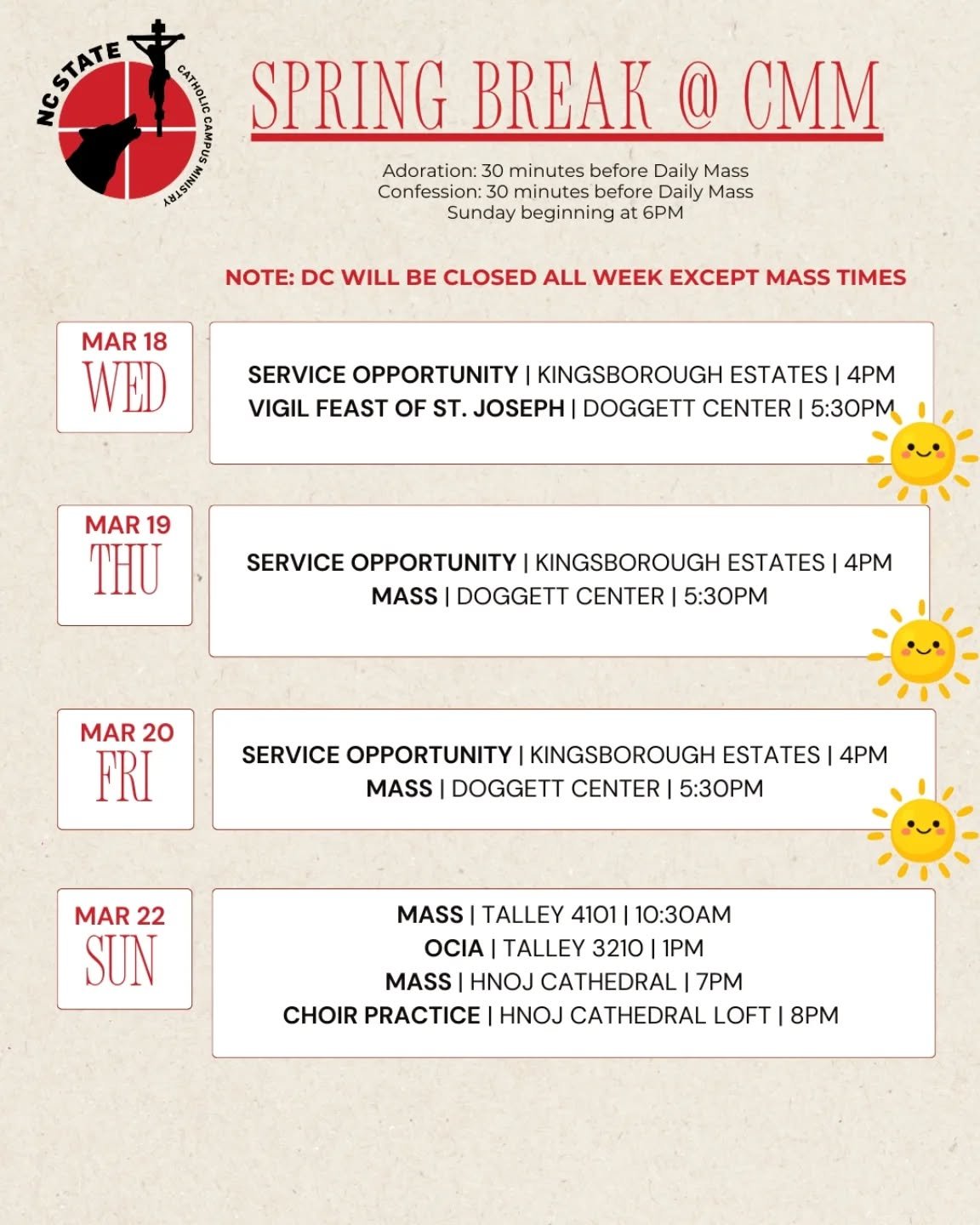 Wishing our CCM community a great spring break!! ☀️

We hope to see you at our Service Opportunity 3/18 - 3/20 if you are in town! Morn info can be found on our story.