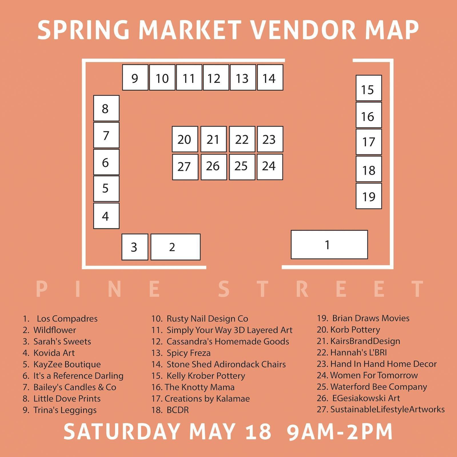 Your 2024 Spring Market Vendor Map! 

- Los Compadres will be serving all day 
- Jestin Jay Trio will be LIVE from 10:00-1:00
- Bounce house fun provided by  @intents_inflatables_indoor 
- Kids activities from @stackedtherapies !