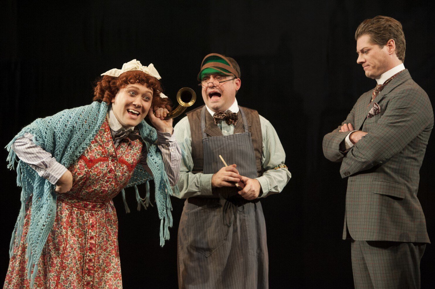  From left, Stanley Bahorek, Michael Glenn and Gregory Wooddell as Sherlock Holmes in Ken Ludwig’s “Baskerville: A Sherlock Holmes Mystery” at Arena Stage. (Margot Schulman) 