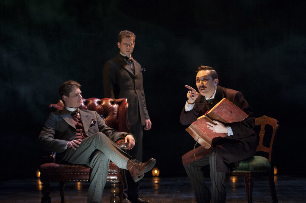  (L to R) Gregory Wooddell as Sherlock Holmes, Lucas Hall as Doctor Watson and Stanley Bahorek in Ken Ludwig’s Baskerville: A Sherlock Holmes Mystery at Arena Stage. Photo: Margot Schulman 