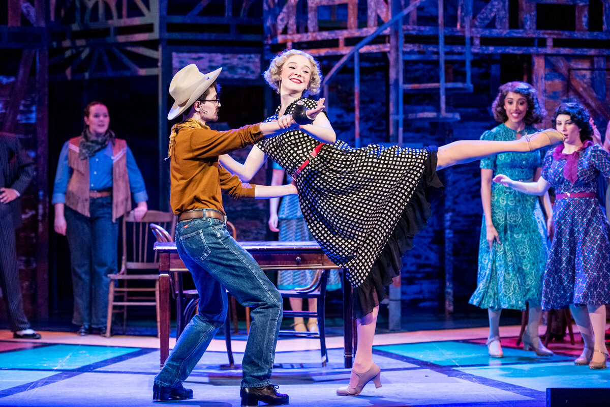  Mingo (played by Isiah Asplund) and Tess (played by Anna Benoit) dance during a rehearsal of “Crazy for You” at Krannert Center for the Performing Arts. Photo by Darrell Hoemann 
