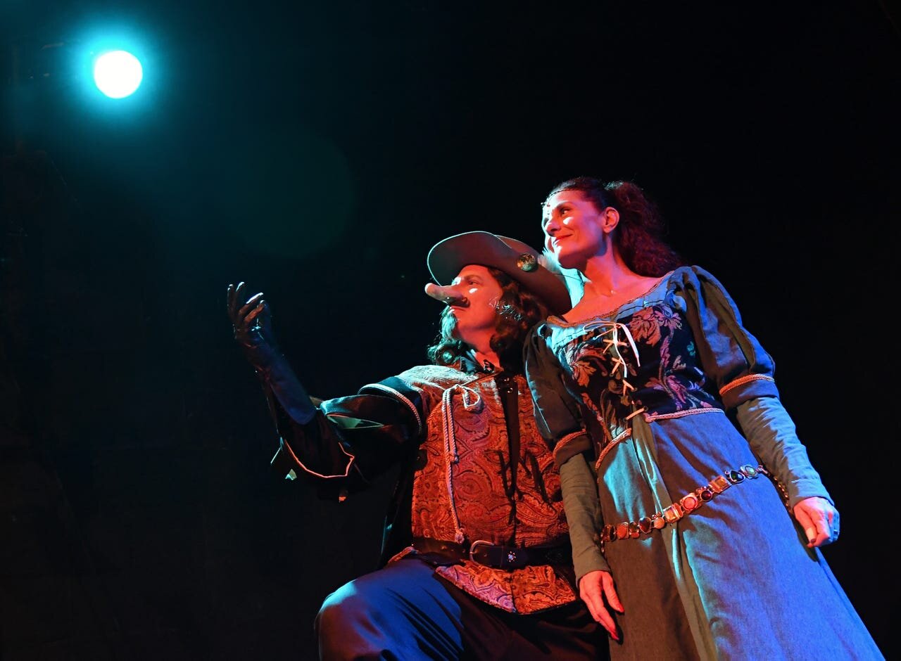  Dusty Ray as Cyrano/George Hay, and Adonna Niosi as Roxanne/Charlotte Hay in Surfside Playhouse’s production of Ken Ludwig’s Moon Over Buffalo. (Photo: TIM SHORTT/ FLORIDA TODAY) 