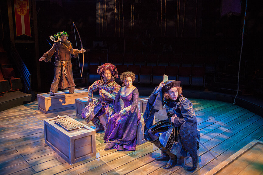  (from left) Andy Grotelueschen as Friar Tuck, Michael Boatman as Prince John, Suzelle Palacios as Doerwynn, and Kevin Cahoon as The Sheriff of Nottingham. Photo by Jim Cox. 