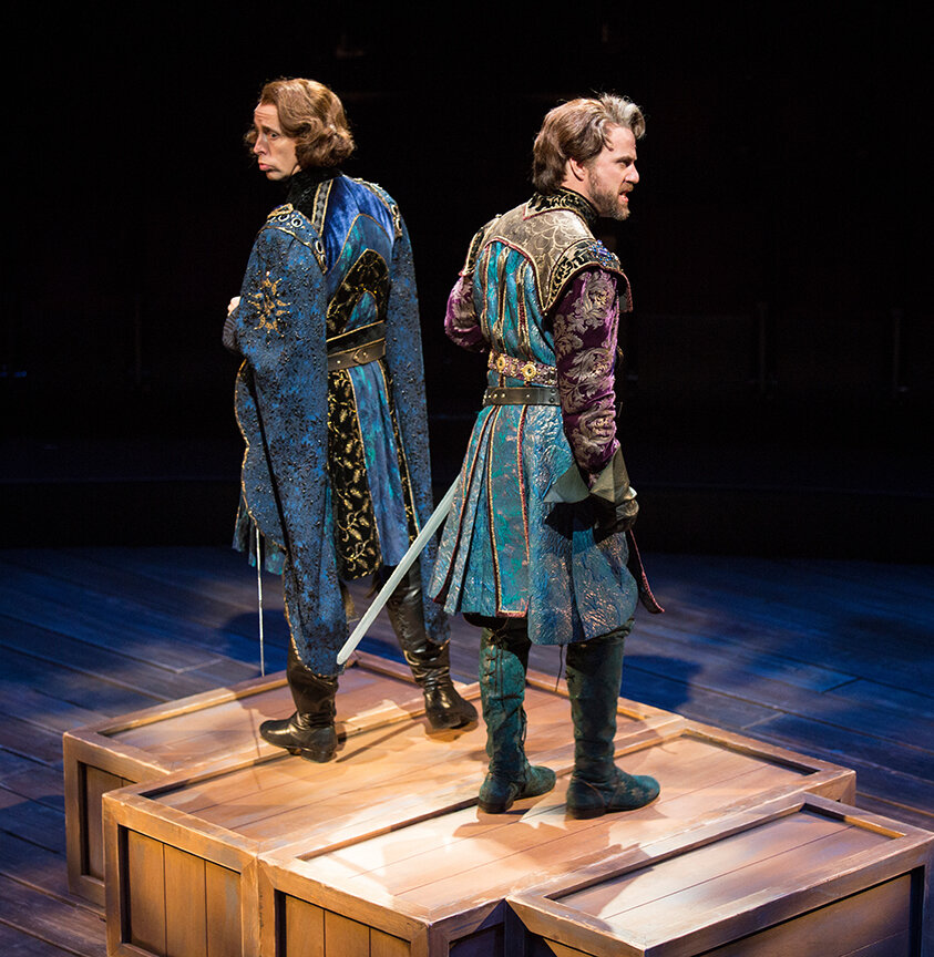  (from left) Kevin Cahoon as The Sheriff of Nottingham and Manoel Felciano as Sir Guy of Gisbourne. Photo by Jim Cox. 