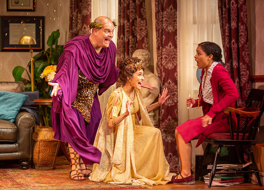  Brad Oscar as Dionysus, Jessie Cannizzaro as Thalia, and Shay Vawn as Daphne in Ken Ludwig's&nbsp; The Gods of Comedy , running May 11 – June 16, 2019 at The Old Globe. Photo by Jim Cox. 