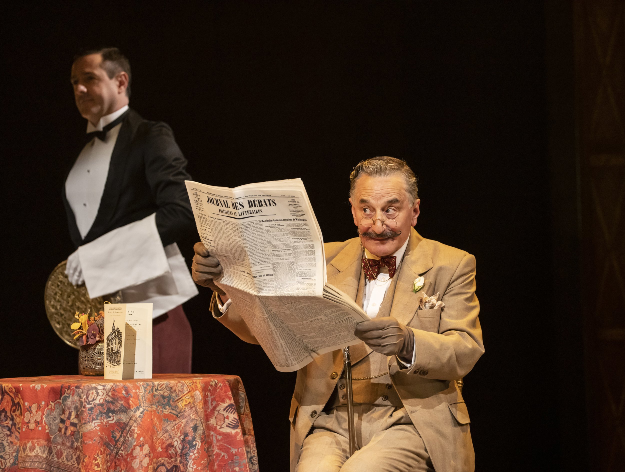 Henry Goodman as Hercule Poirot &amp; Matt Addis as Head Waiter in Murder on the Orient Express at Chichester Festival Theatre
