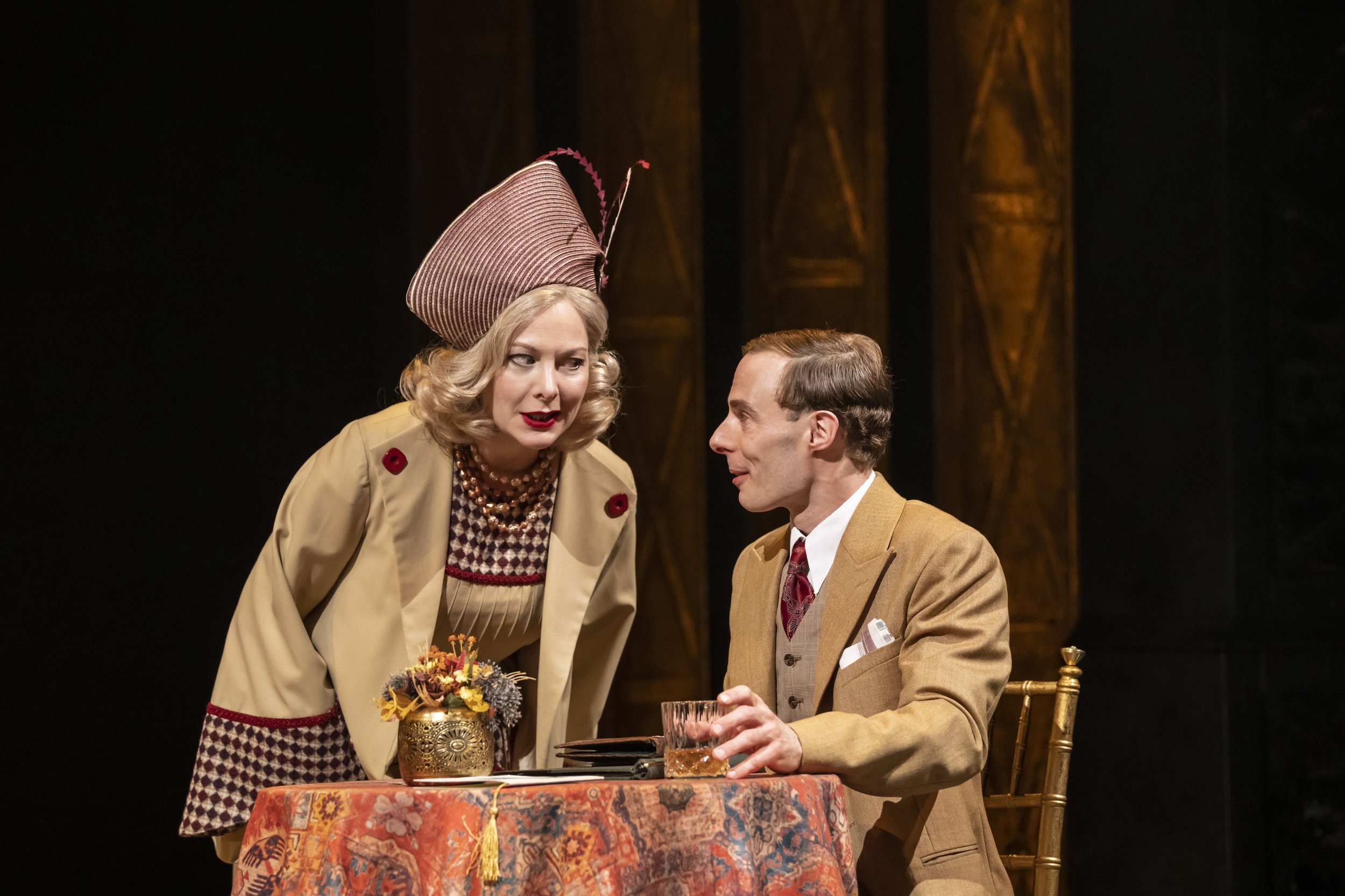 Sara Stewart as Helen Hubbard &amp; Samuel Collings as Hector MacQueen in Murder on the Orient Express at Chichester Festival Theatre