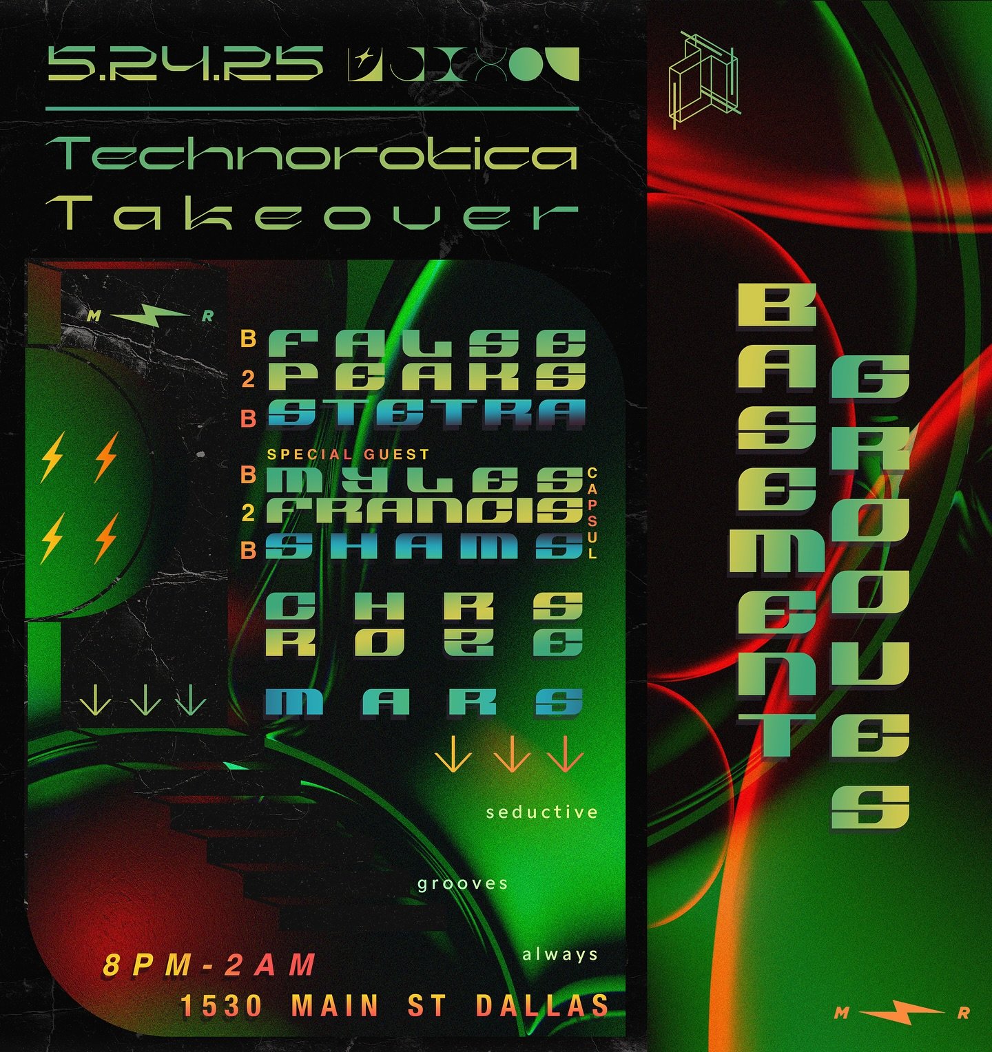 Memorial Day Weekend Basement Grooves ⚡️we&rsquo;re back next SATURDAY, MAY 24th featuring special guests @mylesfrancis_ and @shamsmujadded of @capsuldallas + a special appearance by Technorotica member and @desires.atl co-founder @false.peaks ⚡️ let