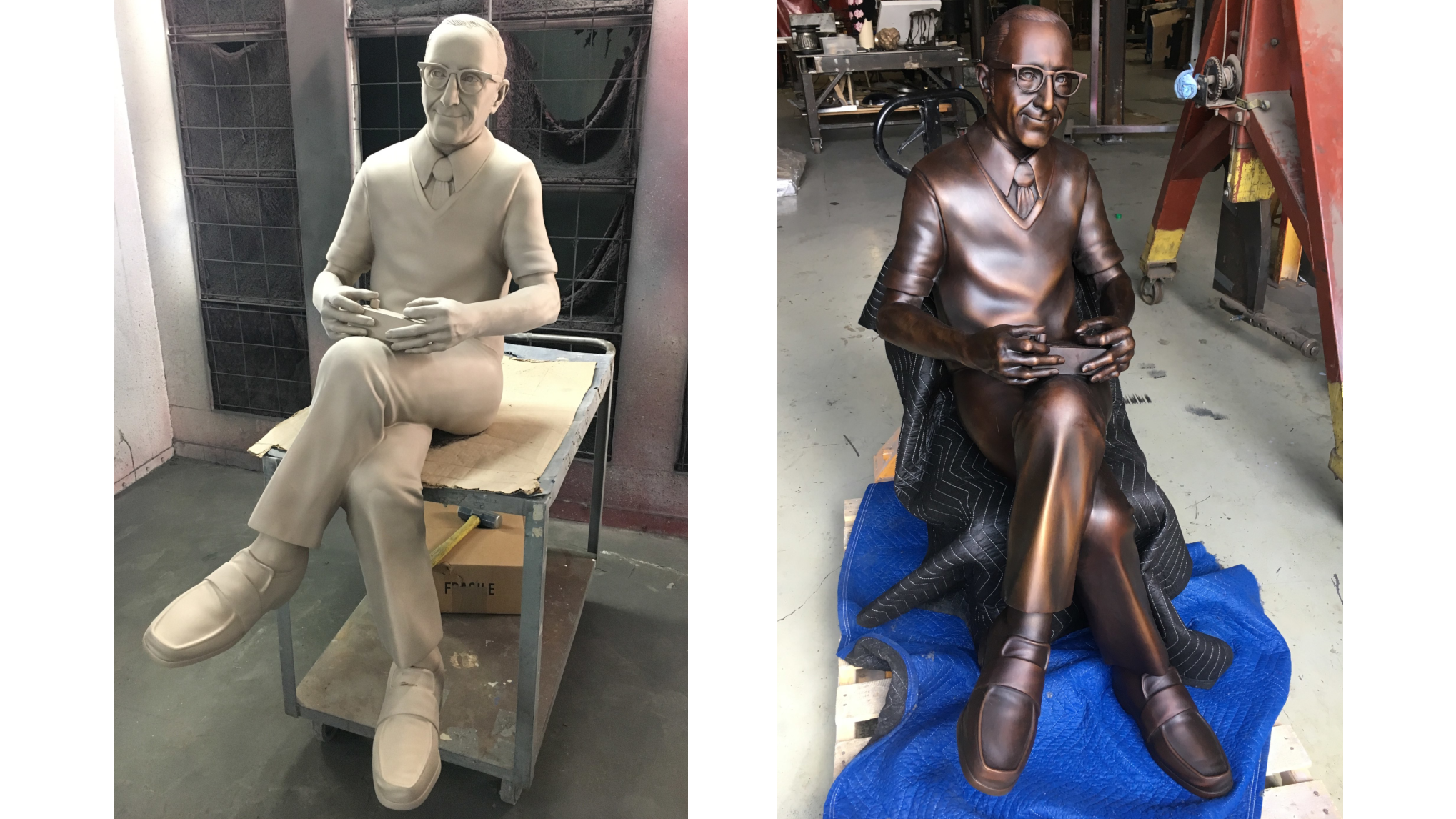  Completed bronze casting, after welding and chasing, before and after patina 