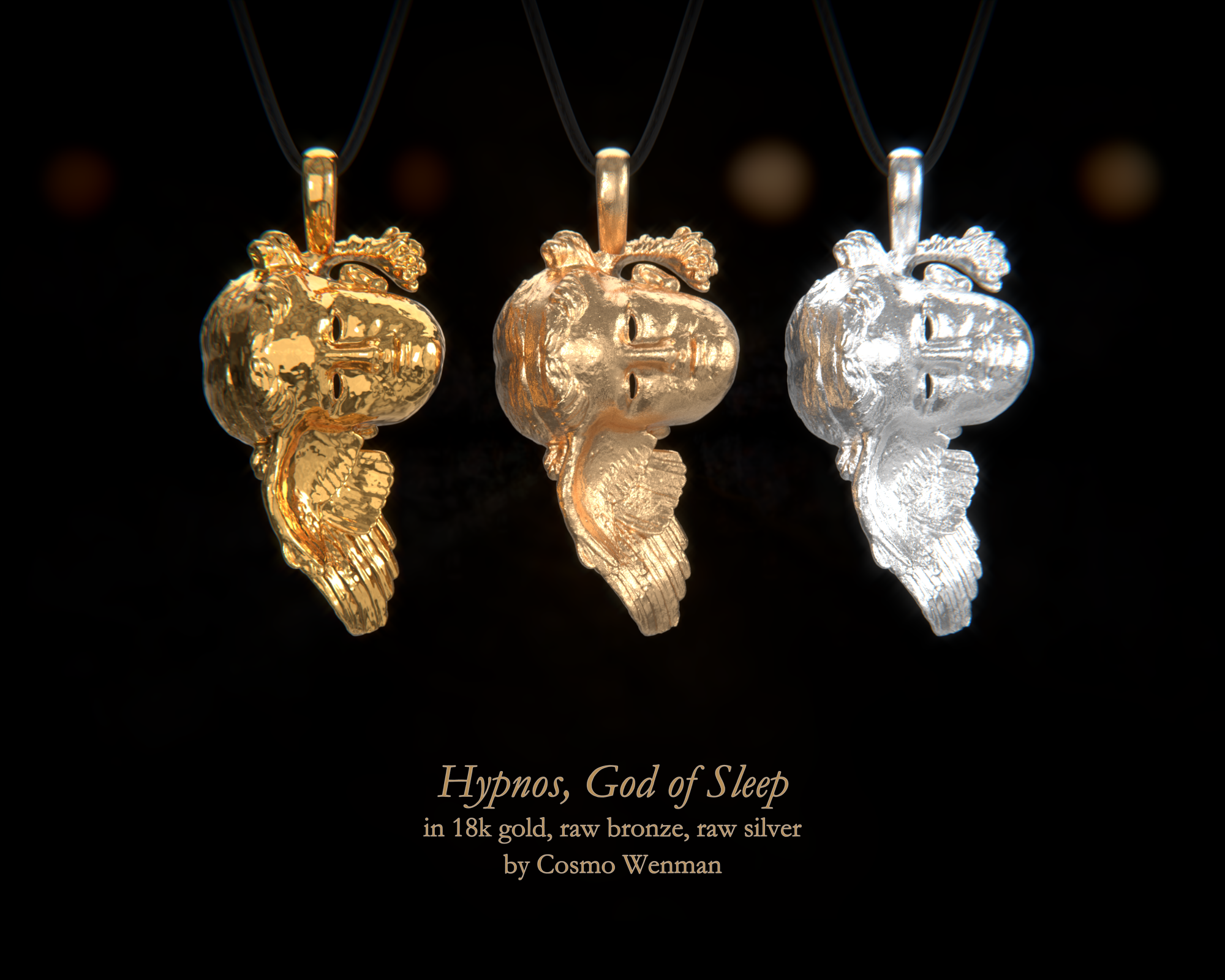 20190707_0011 Hypnos, vertical, by Cosmo Wenman, in 18k Gold, raw bronze and raw silver.png