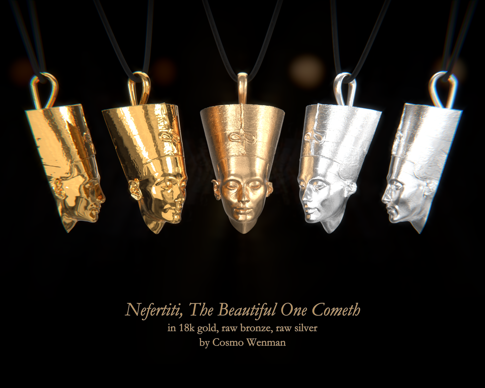 20190707_0015 Nefertiti, facing forward, by Cosmo Wenman, in 18k Gold, raw bronze and raw silver.png