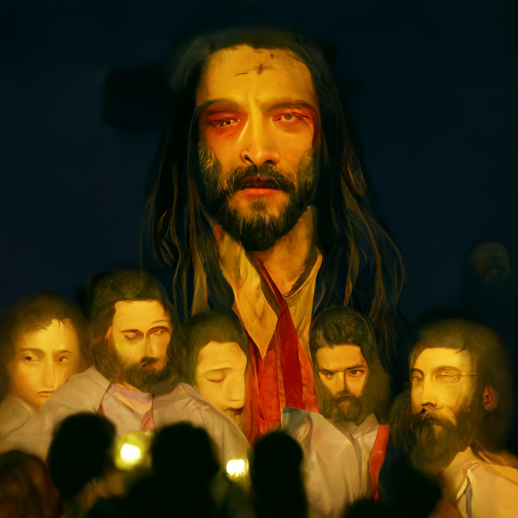  A surreal image of a man, from the shoulders up, with long hair and a beard. He is looking directly at the viewer with an intense but weary expression. He has what appears to be a cross mark in ash on his forehead, and one eye is partially closed or