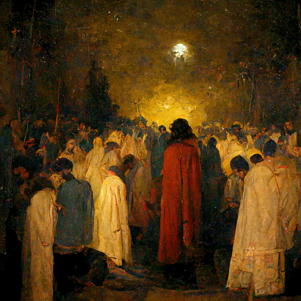  A somber impressionistic painting depicting a crowd of people in blue and white gowns or robs, standing around a taller figure wearing a red garment. Their faces are not visible, as they are either looking away from the viewer, or are rendered in ve