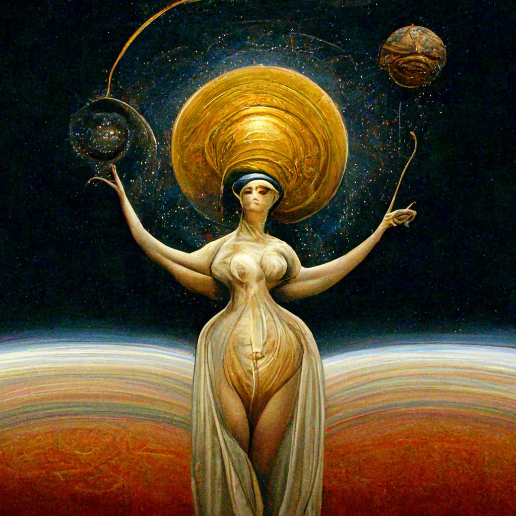  Painterly, gestural illustration of a woman from the waist up, facing the viewer, in a symmetrical pose with her arms bent at the elbows, her forearms raised, holding her hands outward and up to the level of her face. She wears bracelets on both wri