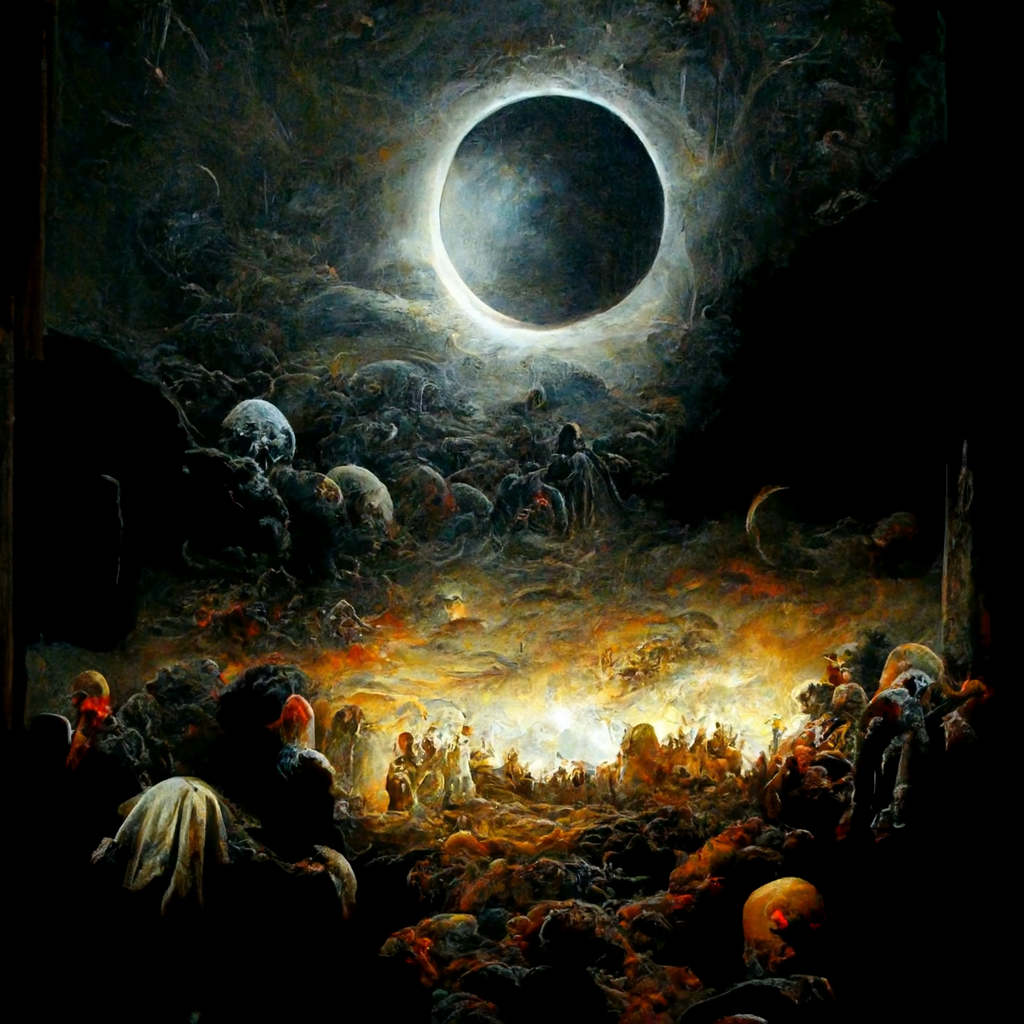 A painting of a dramatic nighttime scene with ominous dark cloudy skies and a darkened moon with a thin halo, as if during an eclipse. Loosely defined crowds of people stretch from the foreground to the middle distance, where low clouds glow with a 