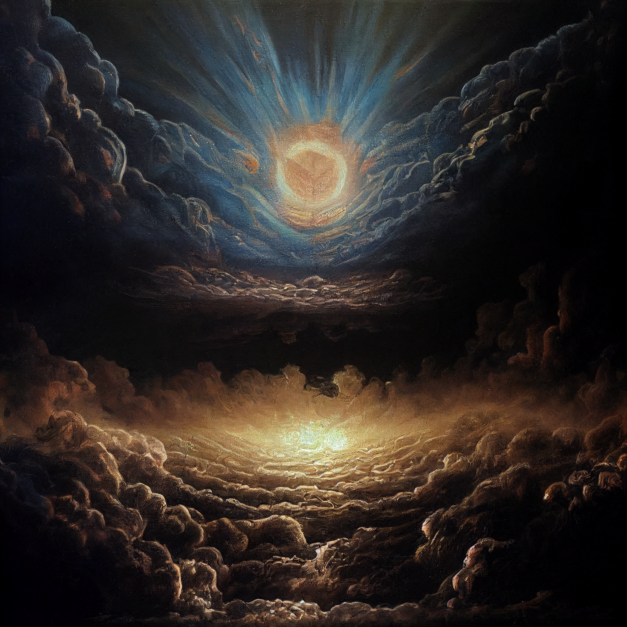  A painting of a dramatic nighttime scene with ominous dark cloudy skies on either side of a bright moon with beams of light streaming out and up from it, illuminating the clouds. Below the moon, another set of clouds form a roughly concentric patter