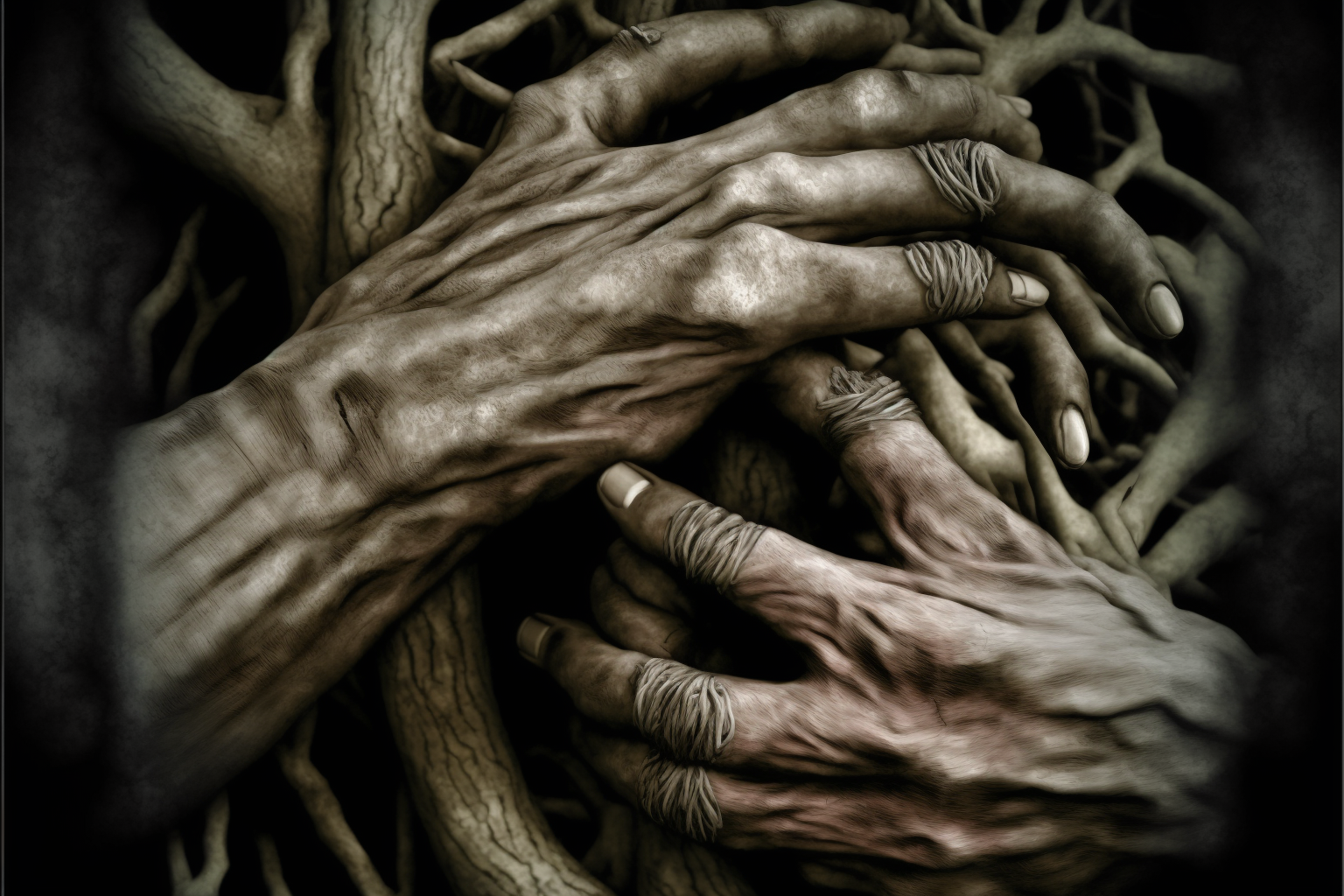  An illustration of a close-up view of two oddly shaped and articulated hands reaching for each other, or grasping something between them. The hands are lumpy, as though the internal structures are very pronounced, and irregular. Both hands are missh