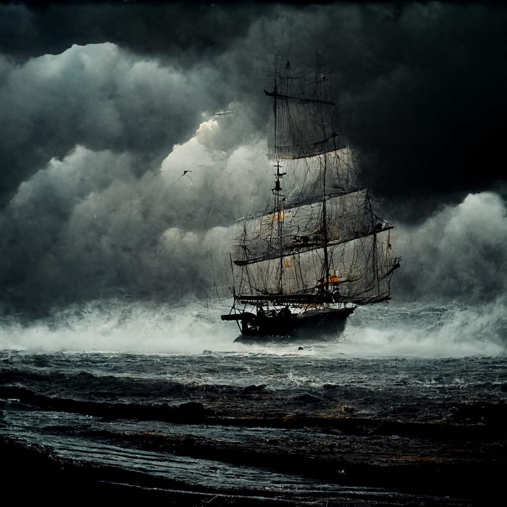  A semi-photorealistic illustration of rough seas. Dark, turbulent water fills the lower third of the image. In the middle distance is a black or darkened ship with two masts, complex rigging, and multiple sails. Sea spray, or mist gather around it a